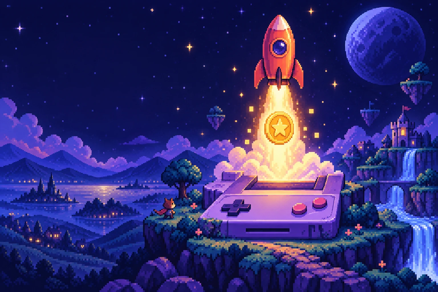 Pixel art rocket launching from a game world with a glowing star token